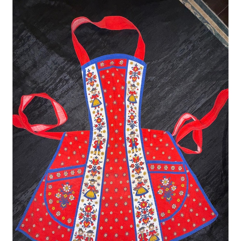 Vintage Kolf Austrian German Folk Art Child Apron Red Blue 2 Pockets